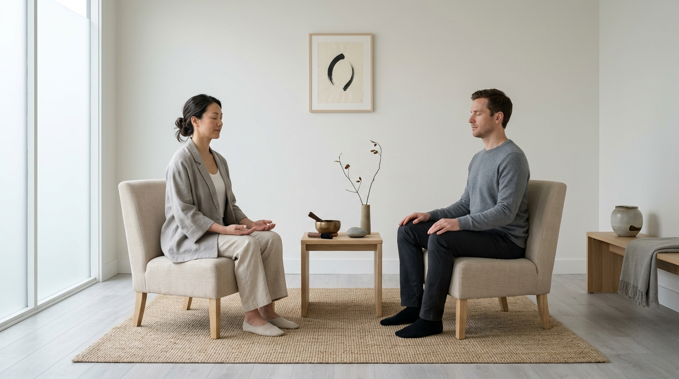 Mindfulness-Based Therapy Session in a Minimalist Zen-Influenced Clinic