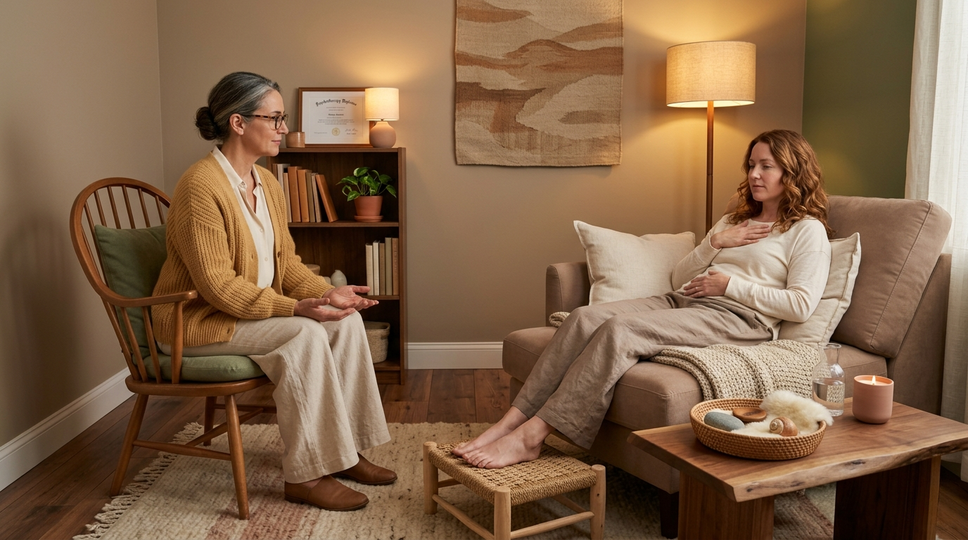 Somatic Experiencing Session in a Warm Earthy Body-Centered Clinic Room