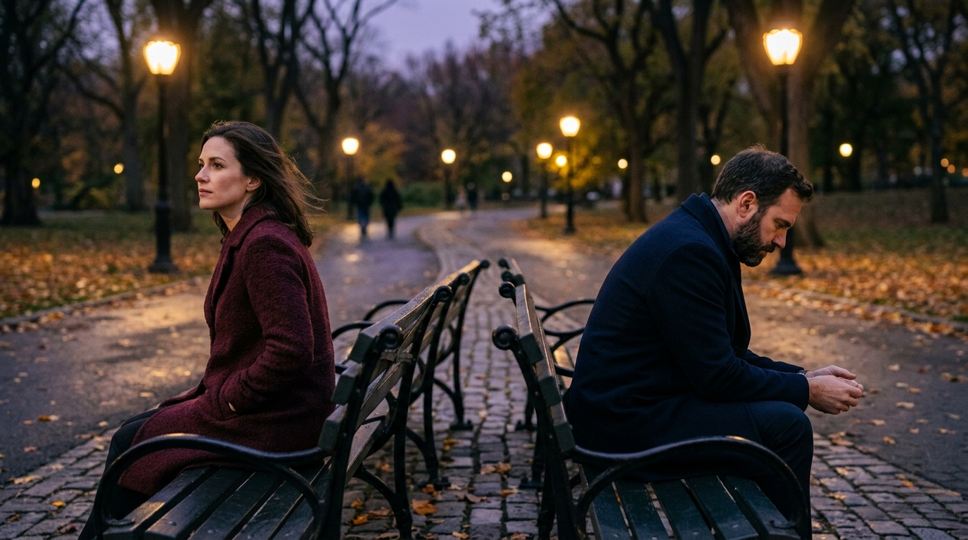 Two People on a Park Bench at Dusk