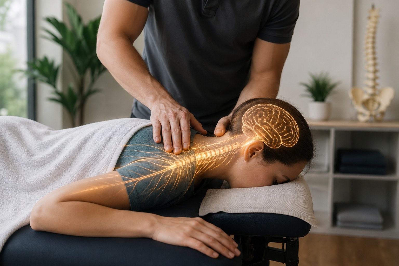 Chiropractor performing an upper back adjustment while a glowing illustration of the brain and spinal cord highlights the nervous system.