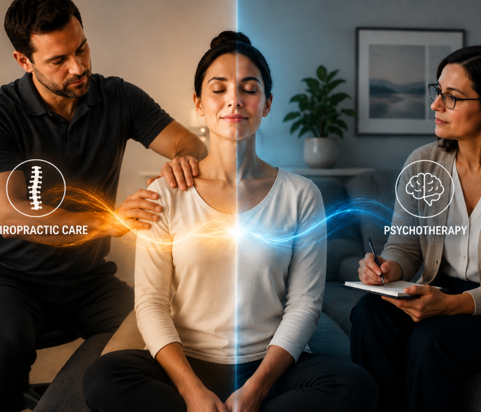 Split image showing a woman receiving combined wellness care, with chiropractic treatment on one side and psychotherapy support on the other, representing the connection between physical and mental well-being.