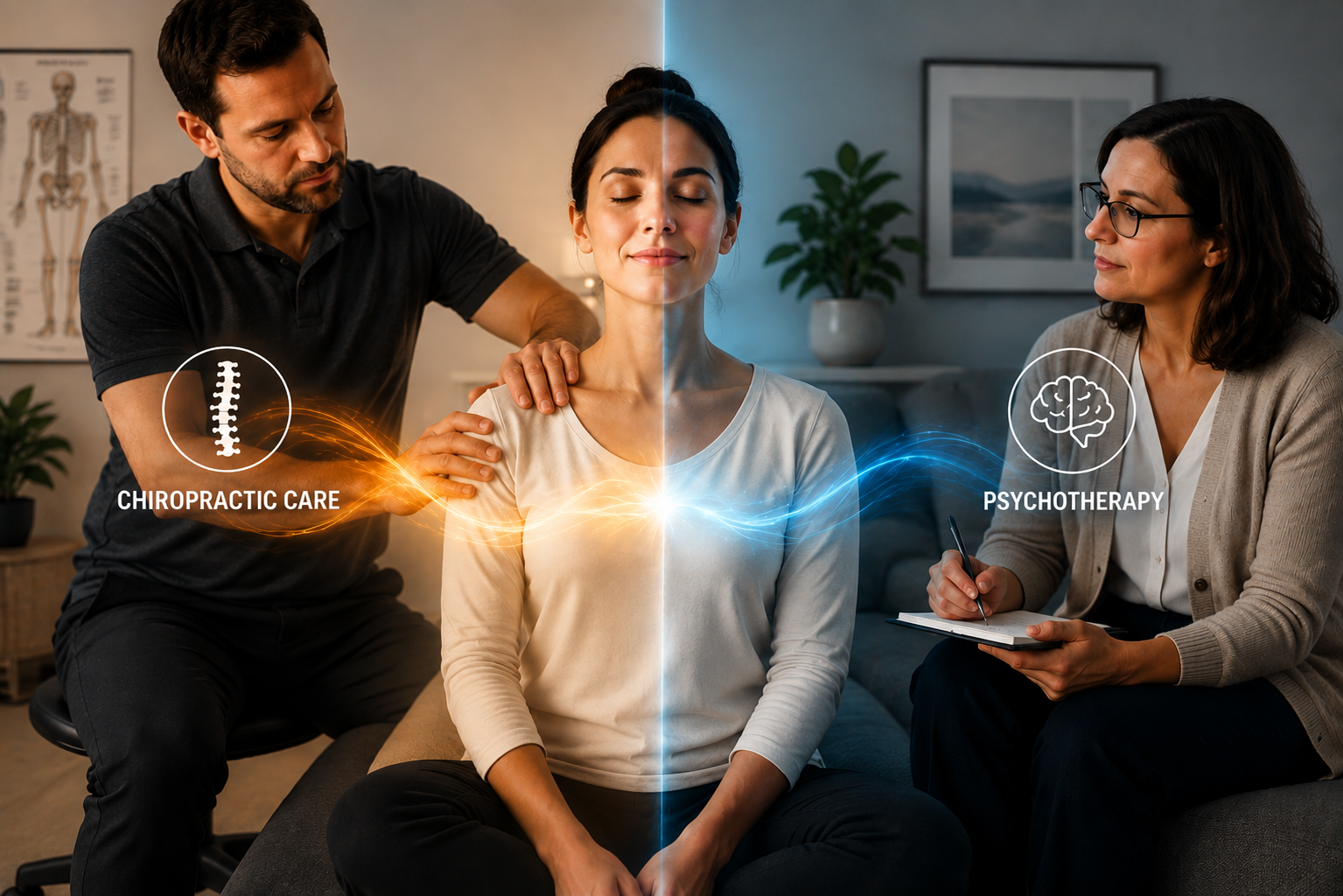 Split image showing a woman receiving combined wellness care, with chiropractic treatment on one side and psychotherapy support on the other, representing the connection between physical and mental well-being.