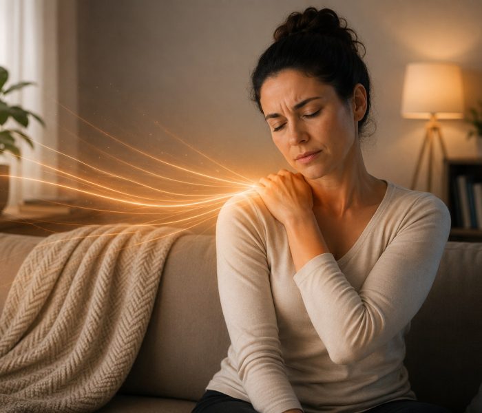 Woman sitting on a sofa while gently holding her shoulder, with glowing light trails extending from the shoulder in a softly lit living room.
