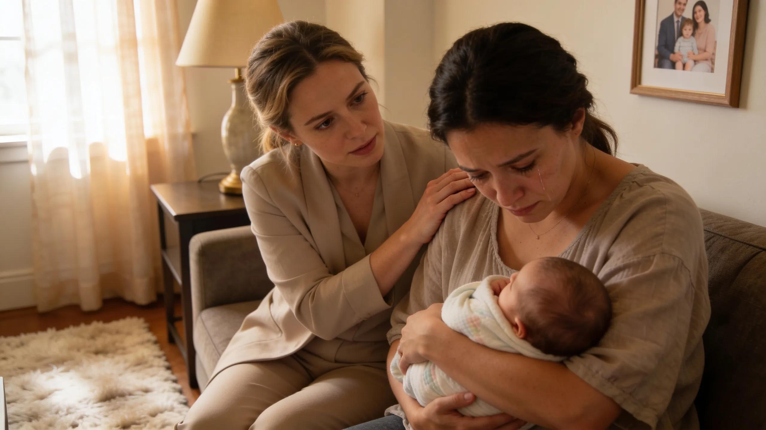 Therapist comforting a new mother during a postpartum depression support session