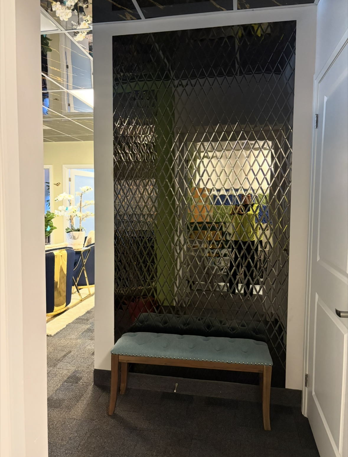 Interior view of Trickett Psychotherapy clinic in Guelph, Ontario, showcasing a textured mirrored wall